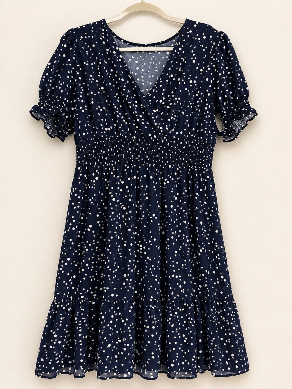 SHEIN Navy White Polka Dot Smocked-Waist Casual Dress